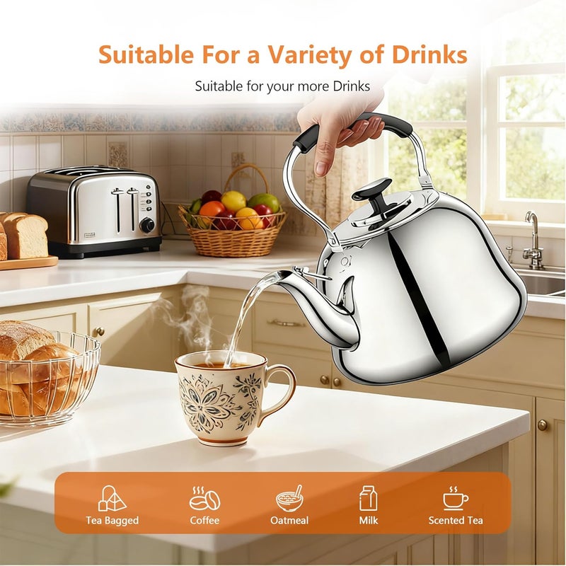 Weftnom 2L Whistling Stovetop Tea Kettle - Food Grade Stainless Steel Teapot with Fast Boil, Wide Mouth, Folding Handle, Ideal for Stove Top – Perfect for Tea, Coffee & Hot Water, Mirror Finished - Image 4